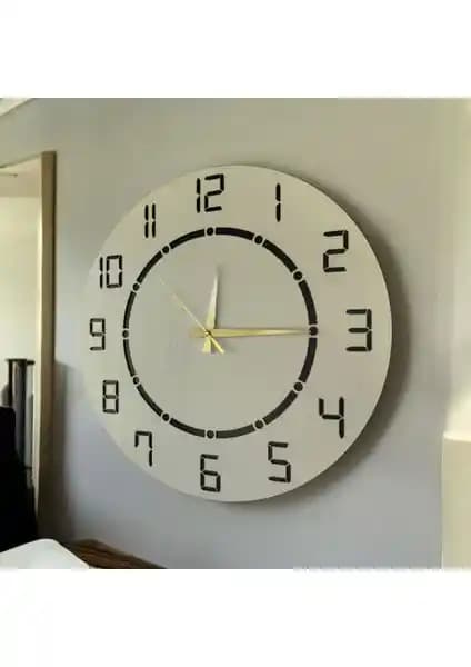 Modern Siyah Beyaz Desenli Ahşap Sessiz Duvar Saati 50 cm Çapında Dekoratif Parça