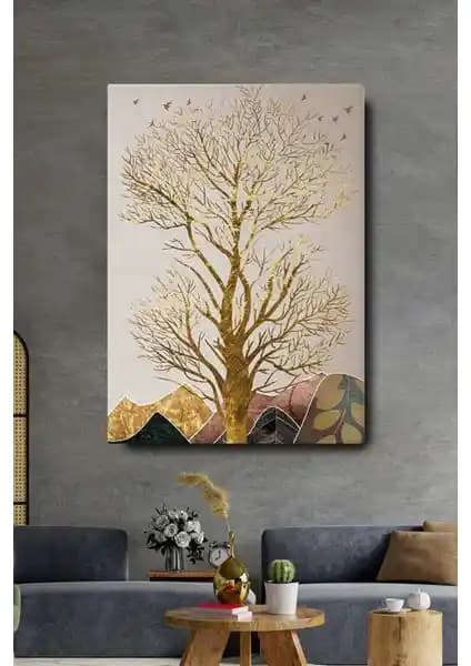 Modern ve Soyut Altın Ağaç Temalı Kanvas Duvar Tablosu Ev ve Ofis Dekorasyonu İçin