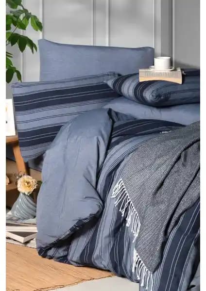 My Story Lastikli Çarşaflı Tek Kişilik Nevresim Takımı Indigo Çizgili Modern Tasarım ve Kolay Bakım Özellikleri