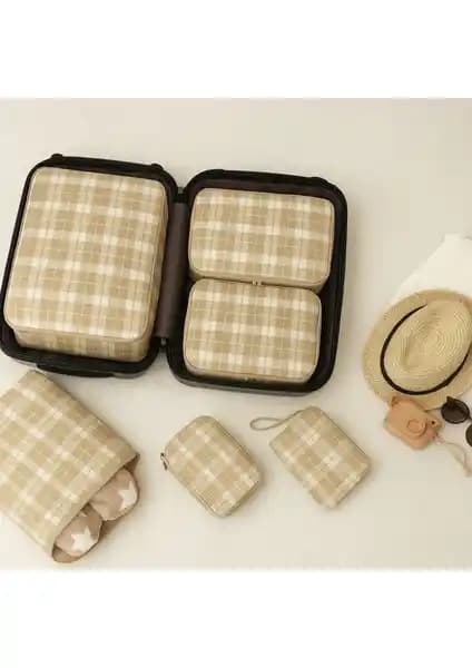 Nacarev 6'lı Bej Kare Ekose Desenli Valiz İç İçi Düzenleyici Seti