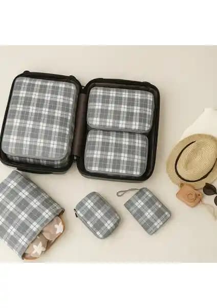 Nacarev 6'lı Gri Kare Ekose Desenli Valiz ve Organizer Seti Seyahat ve Ev Düzeninde Kullanım