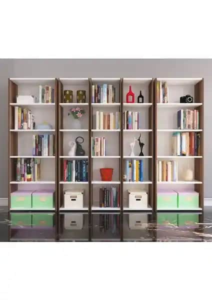 Nur Mobilya 5'li Kitaplık Arkalıklı Model Ceviz Beyaz Modern Depolama Çözümü