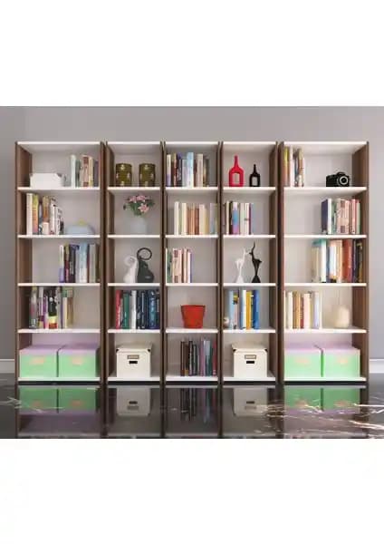 Nur Mobilya 5'li Kitaplık Arkalıklı Model Ceviz Beyaz Modern Depolama Çözümü