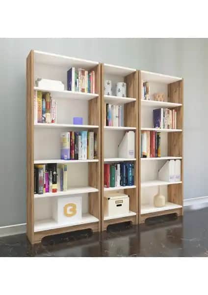 Nur Mobilya Atlantik Çam Beyaz 3'lü Kitaplık Seti Modern ve Fonksiyonel Tasarım