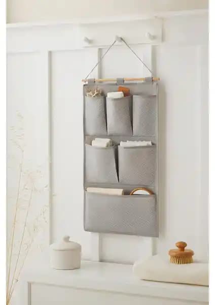 Ocean Home Textile Gri 6 Cepli Çok Amaçlı Askılı Duvar Organizerı 35x65 cm