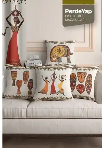 PerdeYap Afrika Sanatı Motifleriyle Dekoratif Kadife Kırlent Kılıfı 43x43 cm