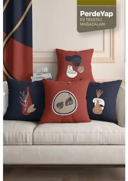 PerdeYap Lacivert Kiremit Renkli Sürrealist Çiçek Desenli 4'lü Kırlent Kılıfı