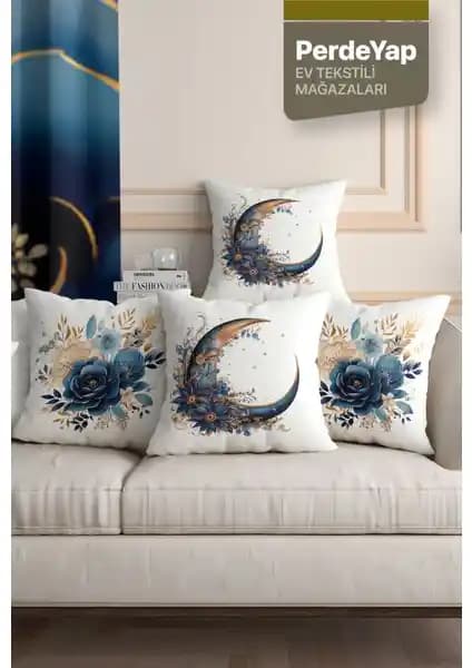PerdeYap Mavi Çiçek ve Hilal Desenli 4'lü Dekoratif Kırlent Kılıfı Ev Dekorasyonuna Şıklık Katar