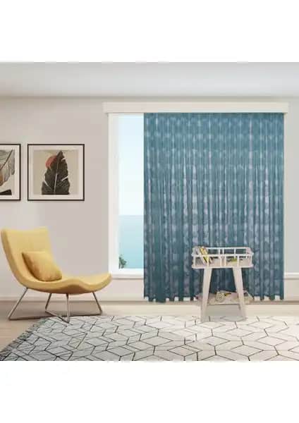 Perhal Damaks Osmanlı Desen Petrol Mavisi-Turkuaz Tül Perde - Şık ve Dayanıklı Ev Dekorasyonu Ürünü