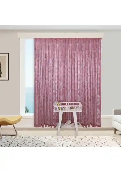 Perhal Damaks Osmanlı Desenli Pembe Gül Kurusu Tül Perde Estetik ve Kullanışlı Tasarım