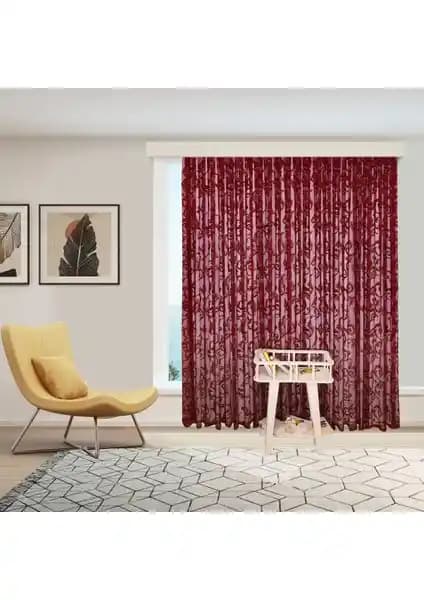 Perhal Şal Desen Bordo Örme Kırışmayan 1-3 Sık Pileli Tül Perde Ev Dekorasyonunda Şıklık ve Pratiklik
