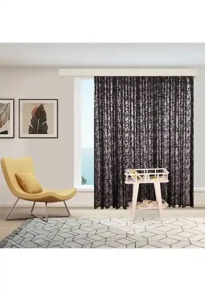 Perhal Siyah Şal Desenli Kırışmayan Örme Perde - Modern ve Dayanıklı Tasarım