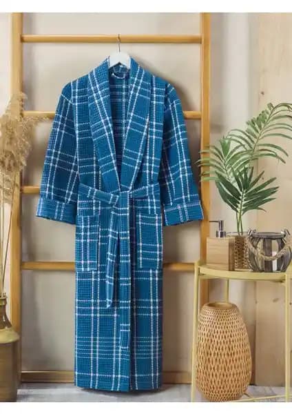 Philippus Yazlık Ekose Erkek Şal Yaka Bornoz Mavi Konfor ve Şıklık Sunar