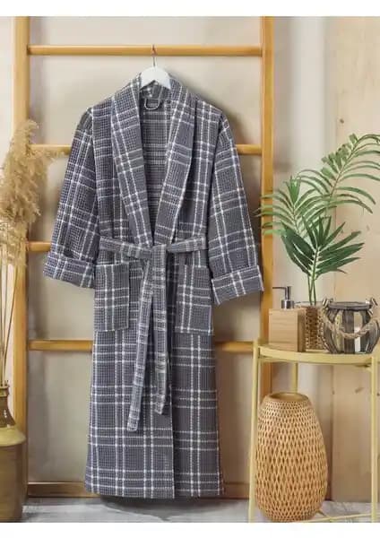 Philippus Yazlık Pike Ekose Erkek Şalyaka Bornoz Gri Konforlu ve Şık Tasarım