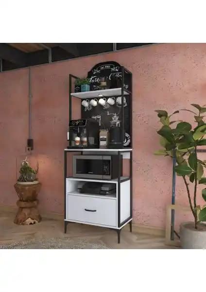 Rani JE155 Işıklı Kahve Köşesi Çekmeceli Çok Amaçlı Mutfak Dolabı Beyaz