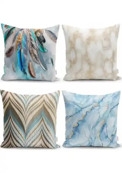 RealHomes 4'lü Mavi Renklerin Uyumu Dijital Baskılı Dekoratif Yastık Kılıfı Seti