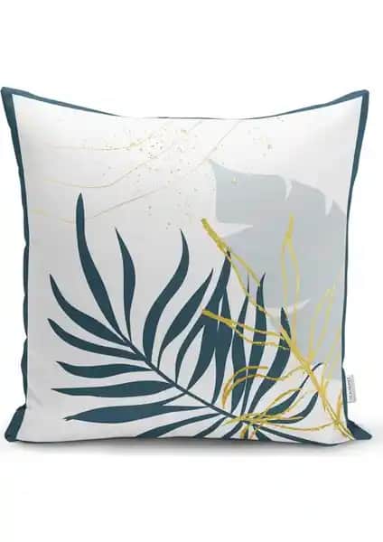 RealHomes Beyaz Zeminde Yaprak Desenli Dijital Baskılı Modern Kırlent Kılıfı