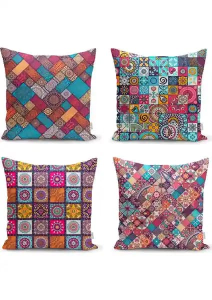 RealHomes Dekoratif Mozaik Desenli 4’lü Yastık Kırlent Kılıf Seti ile Modern ve Şık Dekorasyon