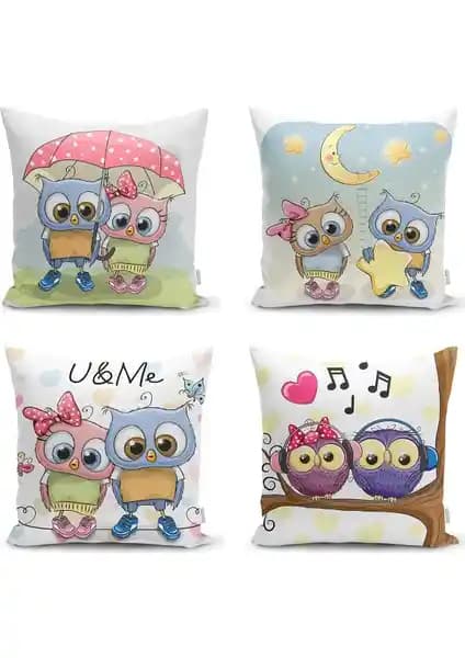 RealHomes Sevimli Baykuşlar 4’lü Yastık Kırlent Kılıf Seti Modern Dekorasyon ve Dayanıklı Malzeme ile Evlerinizi Canlandırır