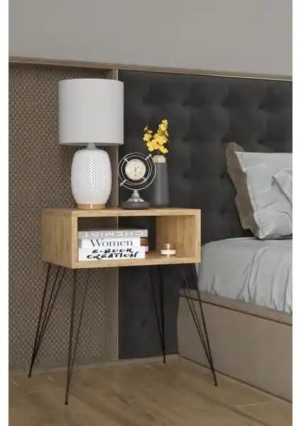 Remaks Elit Metal Ayaklı Komodin Meşe Renkli Estetik ve Fonksiyonel Tasarım