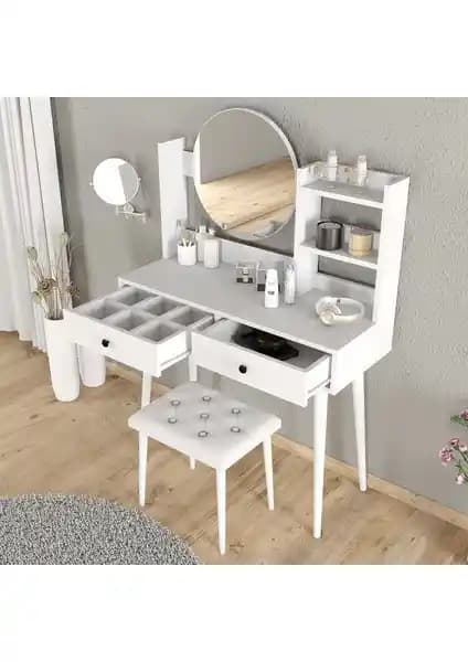 Roewood Efsane Makyaj Masası ve Beyaz Tabure Takımı Modern ve Şık Dekorasyon Parçası