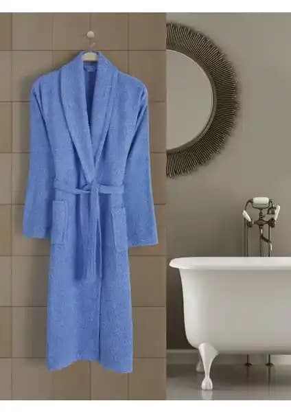 Rozet Tekstil Mavi 4XL Büyük Beden Şal Yaka Cepli Pamuklu Bornoz Konfor ve Şıklık