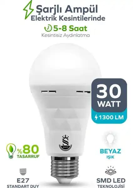 ŞANLED Şarjlı Akülü 30W Beyaz Işık LED Ampul Modern ve Pratik Aydınlatma Çözümü