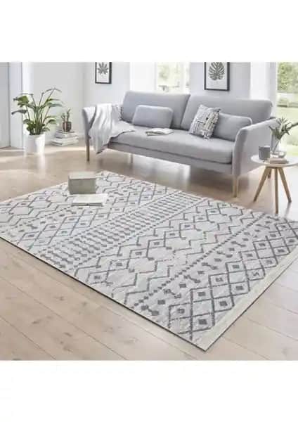 Saraz Halı Bohem Serisi Çift Taraflı Pamuklu Kilim Gri Modern Dekorasyon İçin Uygun