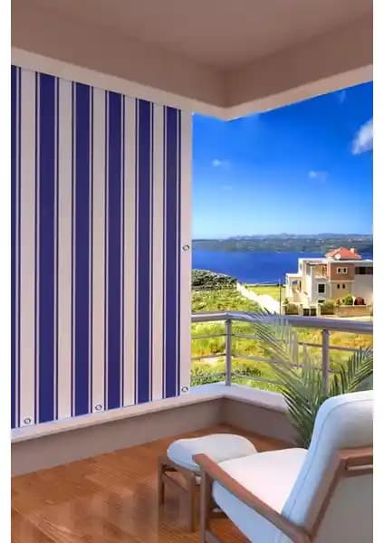 Setekshome Kalın Su Geçirmez Düğmeli Balkon Perdesi Mavi Beyaz Modern Tasarım ve Dayanıklılık