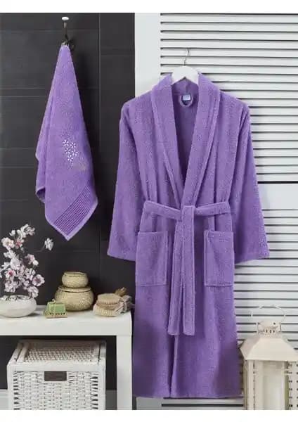 Şilay Home Lavanta Renkli Havlulu Bornoz Seti Yumuşak ve Şık Tasarım