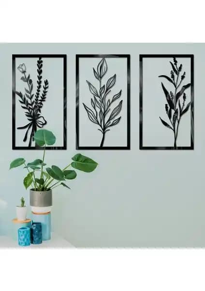 Standarts 3’lü Çiçek Figürlü Lazer Kesim Ahşap Tablo Dekoratif Duvar Sanatı