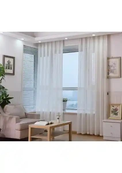 Taç Tül Perde Grek Zemin Ekstraforlu Düz Dikiş Kırık Beyaz Modern İç Mekan Dekoru