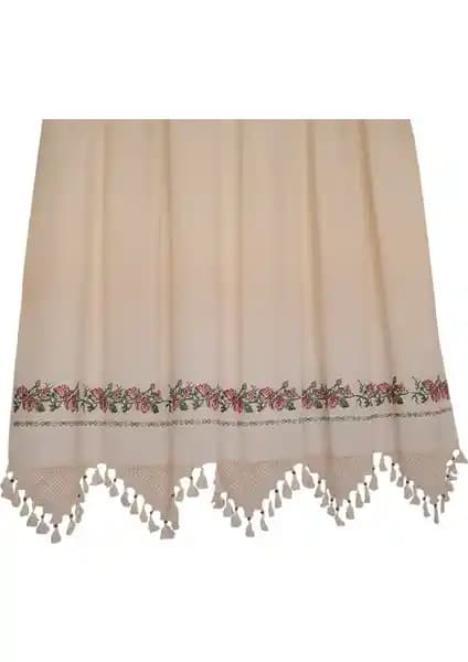 Tuncay Tekstil Buldan Perde Kırmızı Kanaviçe El İşi Dantelli Keten Güneşlik Bodrum Perdesi