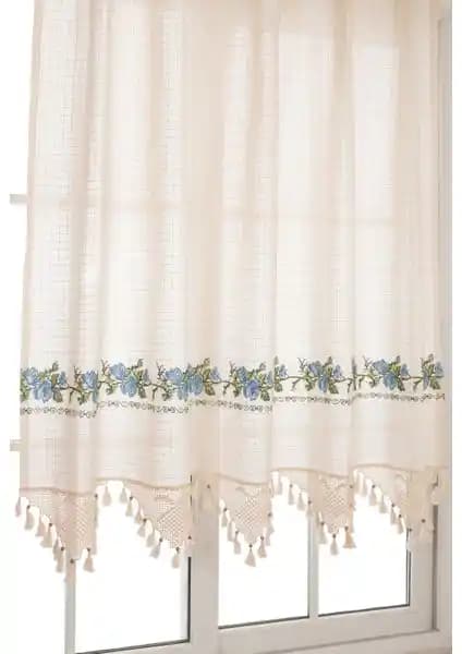 Tuncay Tekstil Mavi Kanaviçeli El Dantelli Keten Perde Modern ve Geleneksel Tasarımın Buluşması