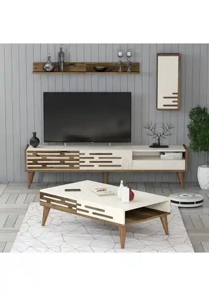 Valensiya TV Ünitesi ve Orta Sehpa Takımı Ceviz ve Krem Renkli Modern Mobilya Çözümü