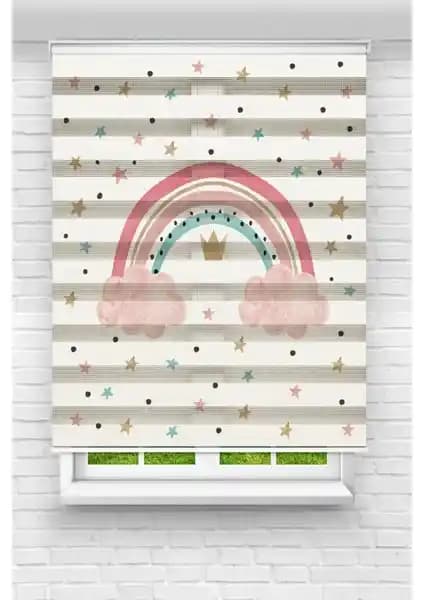 Vanilya Çocuk Odası İçin Renkli Gökkuşağı ve Yıldızlar Baskılı Zebra Perde