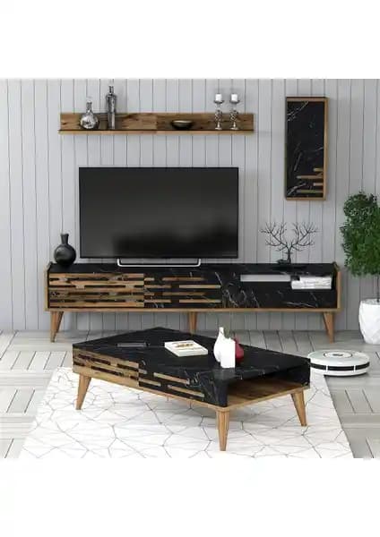 Variant Mobilya Valensiya Serisi TV Ünitesi ve Orta Sehpa Takımı Ceviz Siyah Mermer