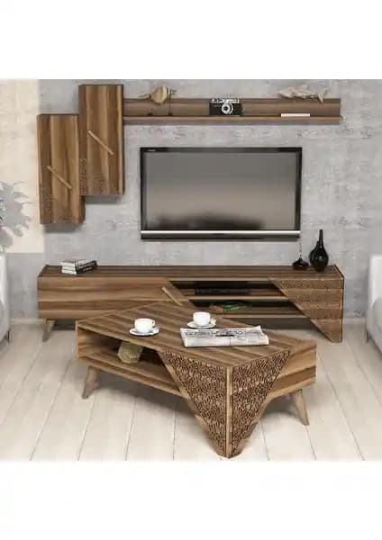 Varinat Beril TV Ünitesi ve Orta Sehpa Takımı Ceviz Renk Modern ve Dayanıklı Tasarım