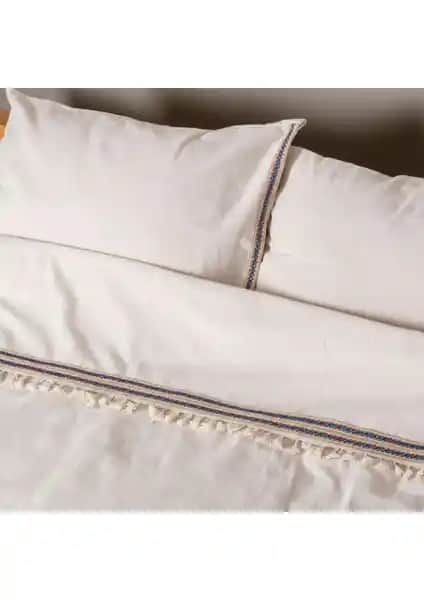 Vivamaison Keten Jüt Ponponlu Çift Kişilik Nevresim ve Yastık Seti Doğal ve Şık Tasarım