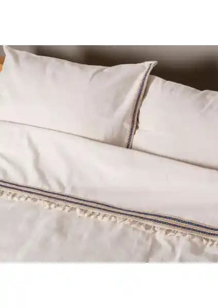 Vivamaison Keten Jüt Ponponlu Çift Kişilik Nevresim ve Yastık Seti Doğal ve Şık Tasarım