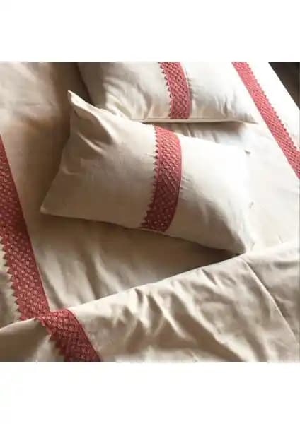 Vivamaison Keten Kiremit Dantelli Çift Kişilik Nevresim ve Yastık Seti Doğal ve Şık Tasarım