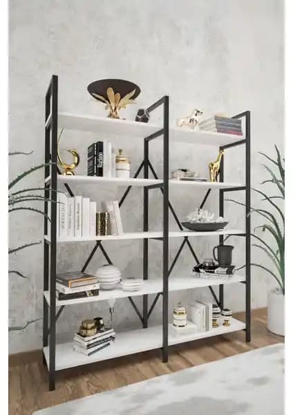 Wood House Ilayda Geniş Raflı Kitaplık Beyaz Modern ve Fonksiyonel Depolama Çözümü