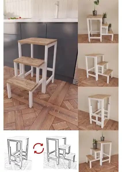 Yüceer Home Çok Amaçlı Katlanabilir Metal Ahşap Merdiven ve Tabure Tasarımı