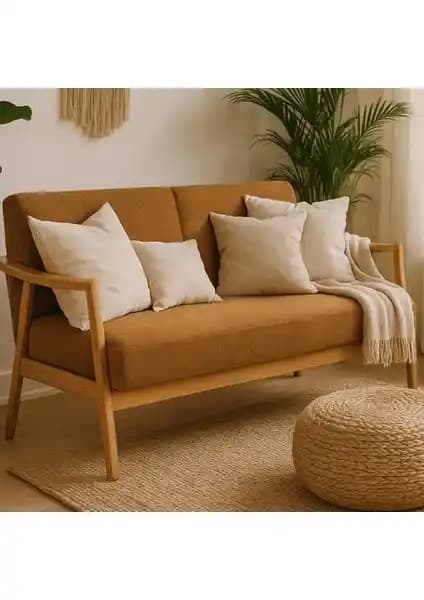 Zem Favela Bohem Ikili Berjer Natürel Ahşap ve Hardal Renkli Modern Oturma Ünitesi