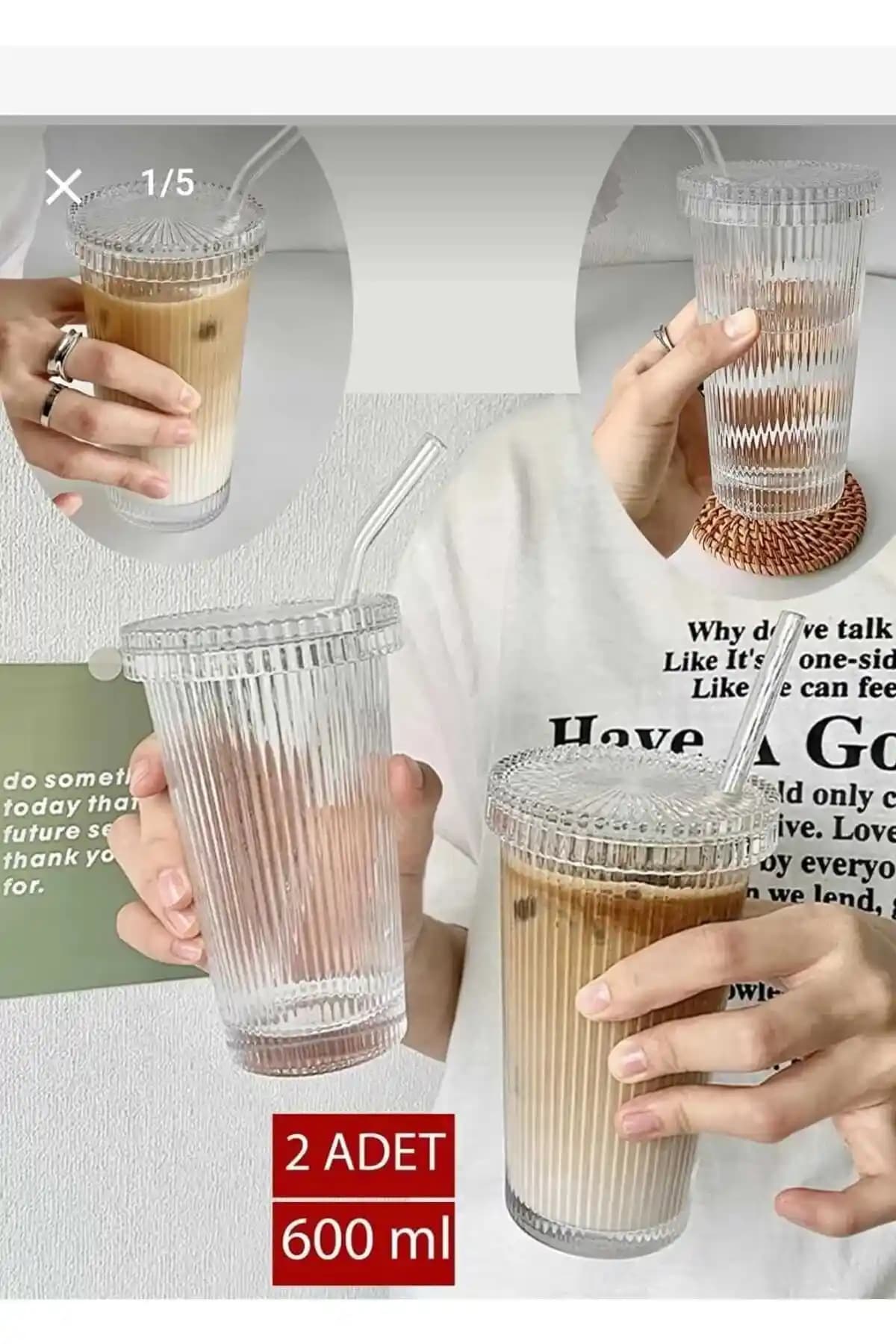 ALBAK Life 2 Adet 600 ml Isıya Dayanıklı Origami Desen Kapaklı ve Pipetli Bardaklar