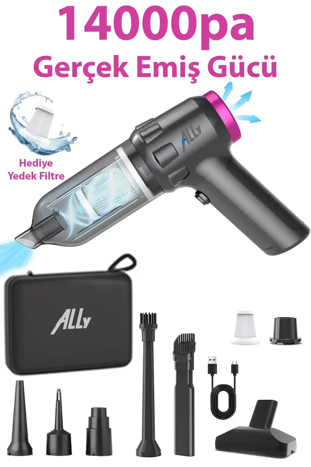 Ally 14000pa Güçlü Portatif Mini Araç Süpürgesi: Yüksek Performans ve Pratik Kullanım