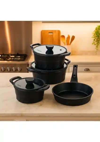 Amboss Kuvars 7 Parça Titanyum Döküm Tencere Takımı Siyah Estetik ve Dayanıklı Mutfak Seti
