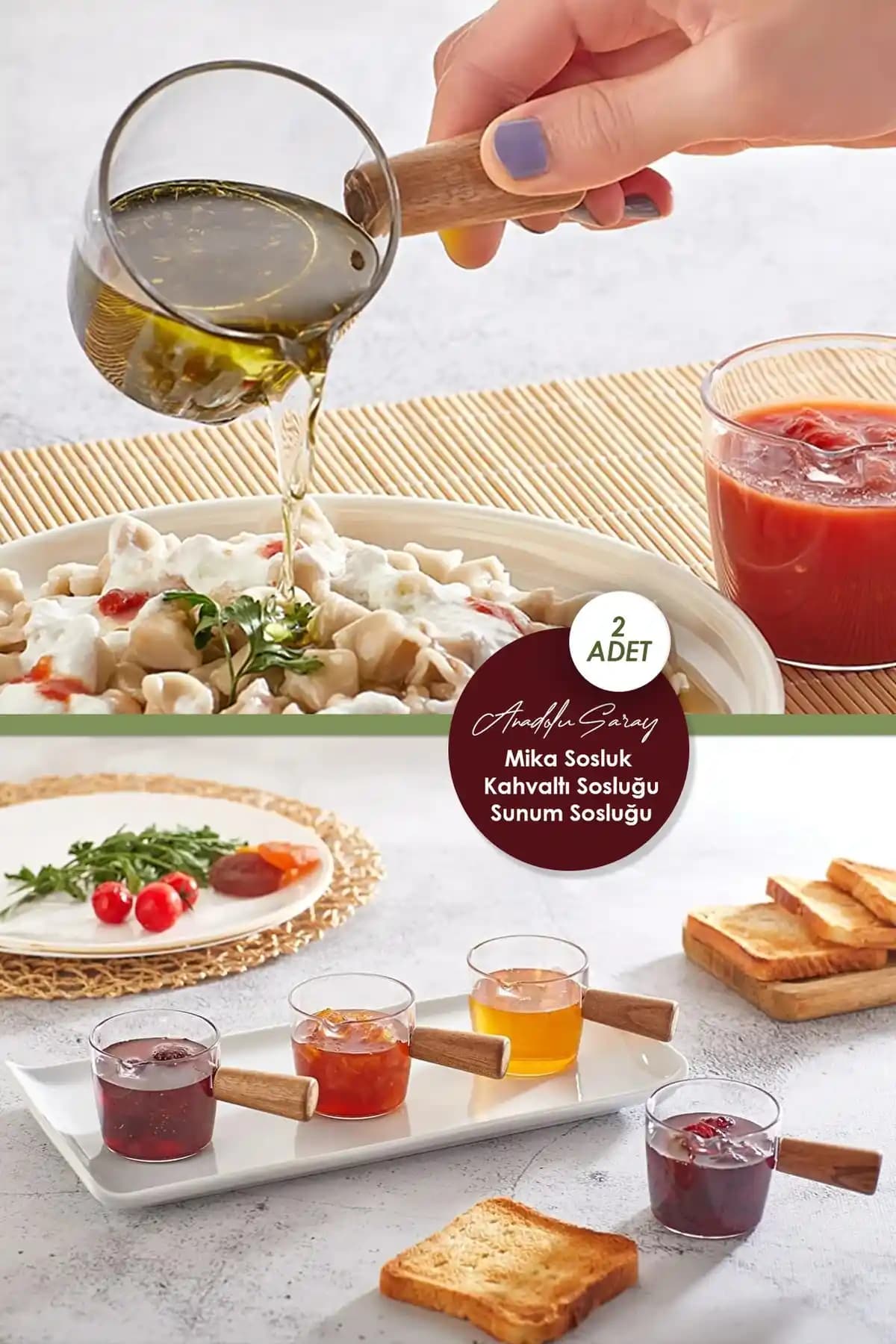 Anadolu Saray Ahşap Saplı Mika Sütlük ve Sosluk Seti Şık ve Çok Yönlü Kullanım İçin