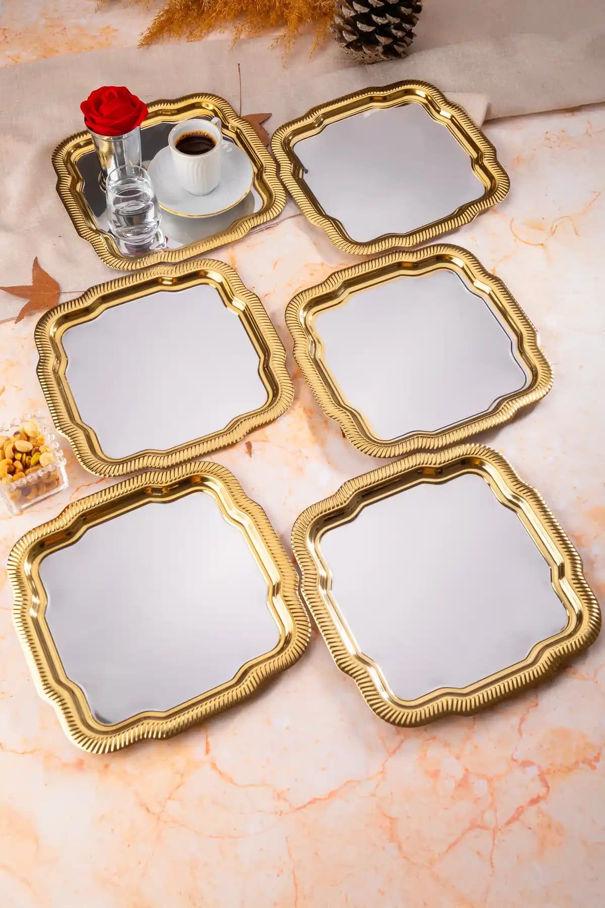 AslıHediyelik 6'lı Lüx Papatya Model Gümüş Servis Seti Kenar Kaplamalı