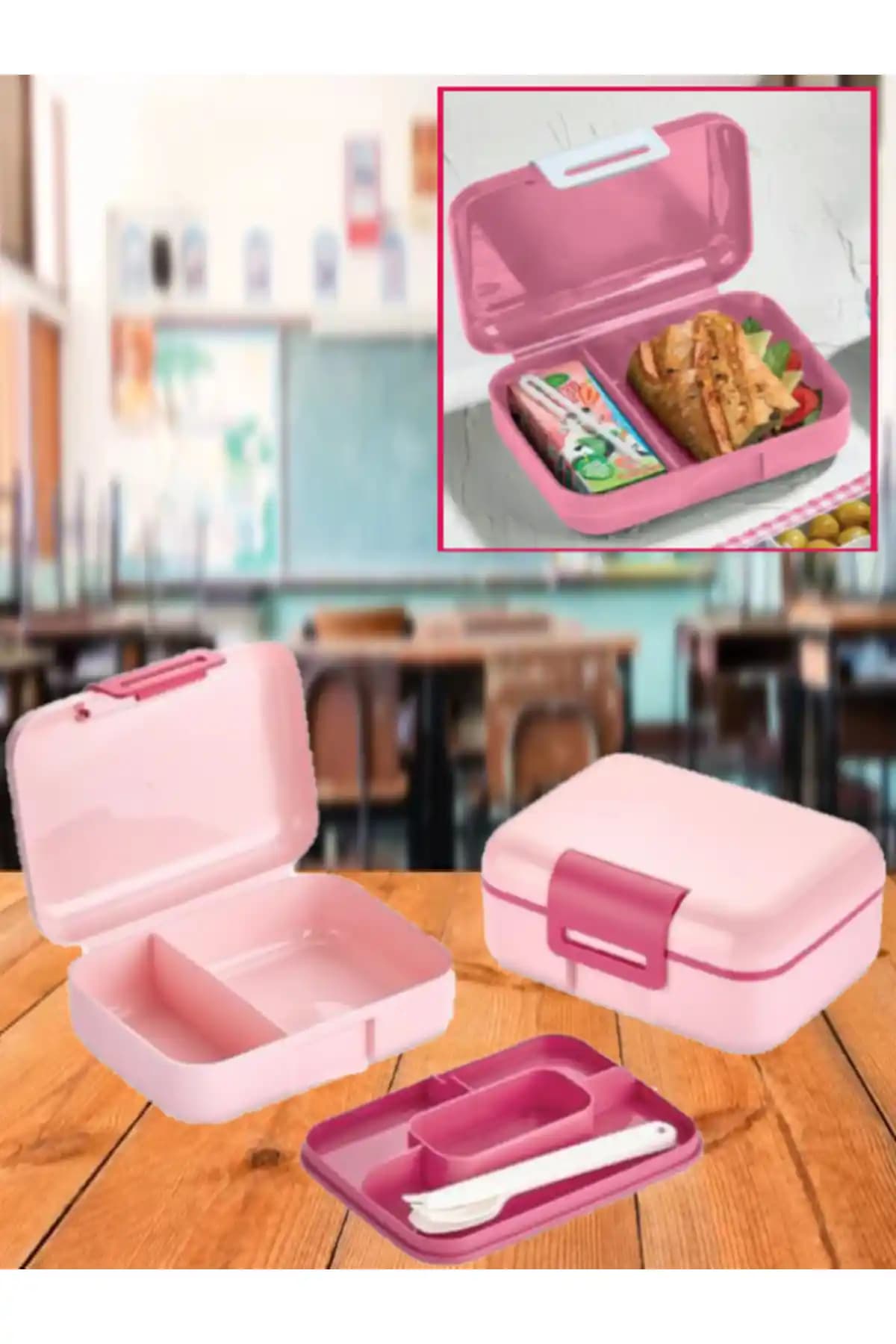 Bayev Pembe Katlı Bölmeli Kilitli Beslenme Kutusu ve Kaşık Seti Sağlıklı ve Pratik Kullanım İçin Uygun